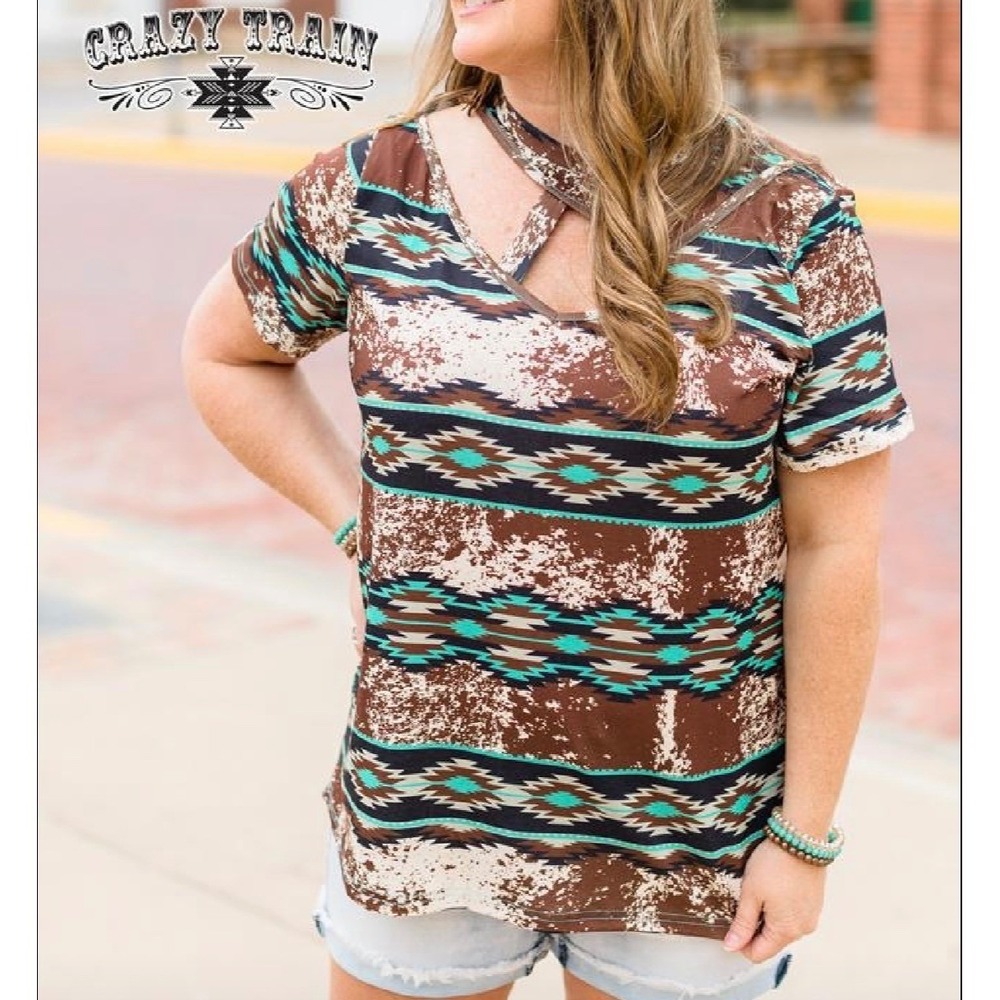 Crazy Train Top Women XL Brown Southwestern Cowhide Crisscross V-Neck Tee New